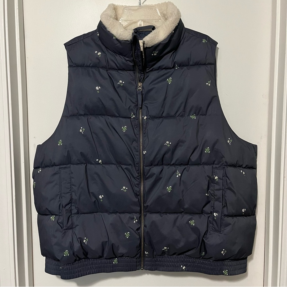 Universal Threads Women 2XL Navy Blue Floral Puffer Vest Zipper Fur Collar